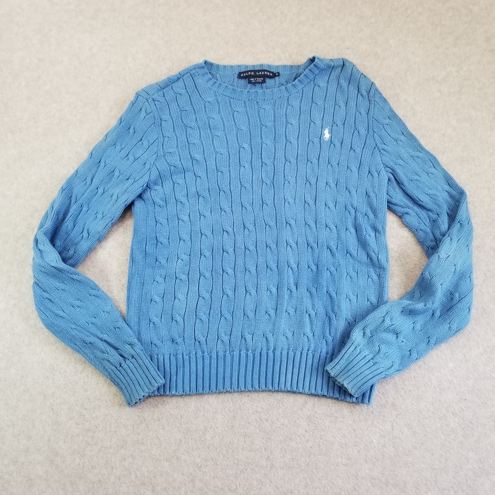 VTG Ralph Lauren Sweater Womens Medium Blue Cable Knit Crewneck Embroidered Pony